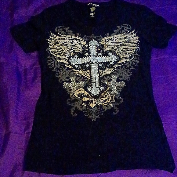 From Los Angeles Bus Stop Black V-neck with Applique Cross design - Picture 1 of 7